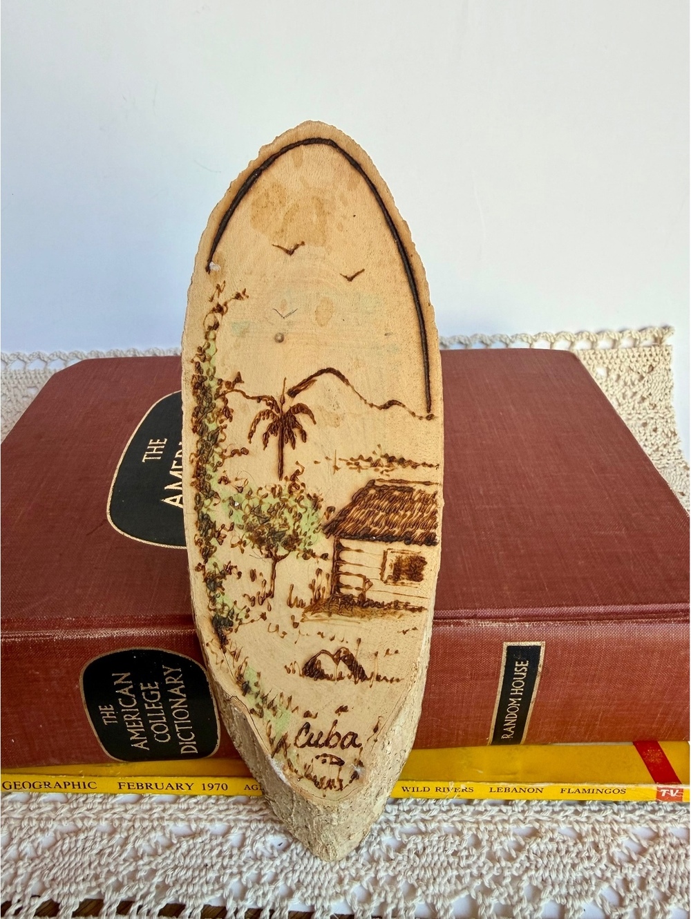Vintage Cuba Souvenir Wood Slice Pyrography Wall Art Tropical Hut Palm Tree